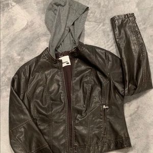 Vintage Leather Trucker Jacket with Hood Size L